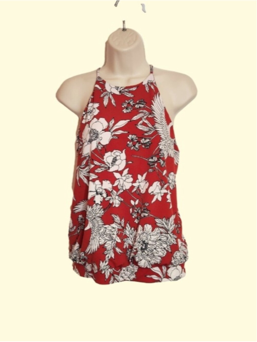 Express Red White Floral Bird Print Halter Sleeveless Knit Top Medium
